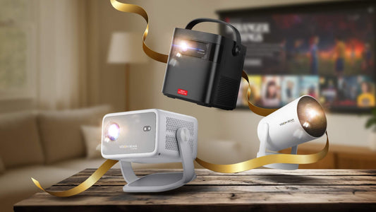 Modern home entertainment setup with projector, wireless audio and ambient lighting