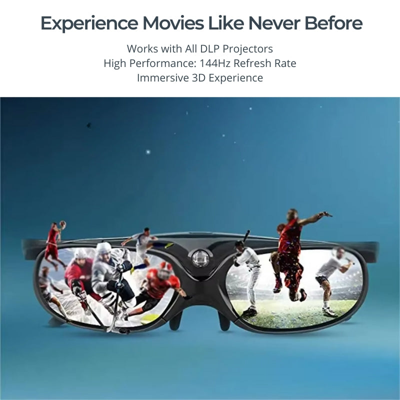Black 3D glasses displaying immersive sports action with athletes like a hockey player and a baseball batter in vibrant scenes against a blue gradient background advertising a 144Hz 3D experience