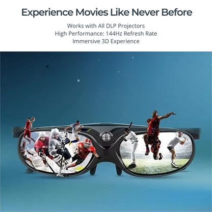 Black 3D glasses displaying immersive sports action with athletes like a hockey player and a baseball batter in vibrant scenes against a blue gradient background advertising a 144Hz 3D experience