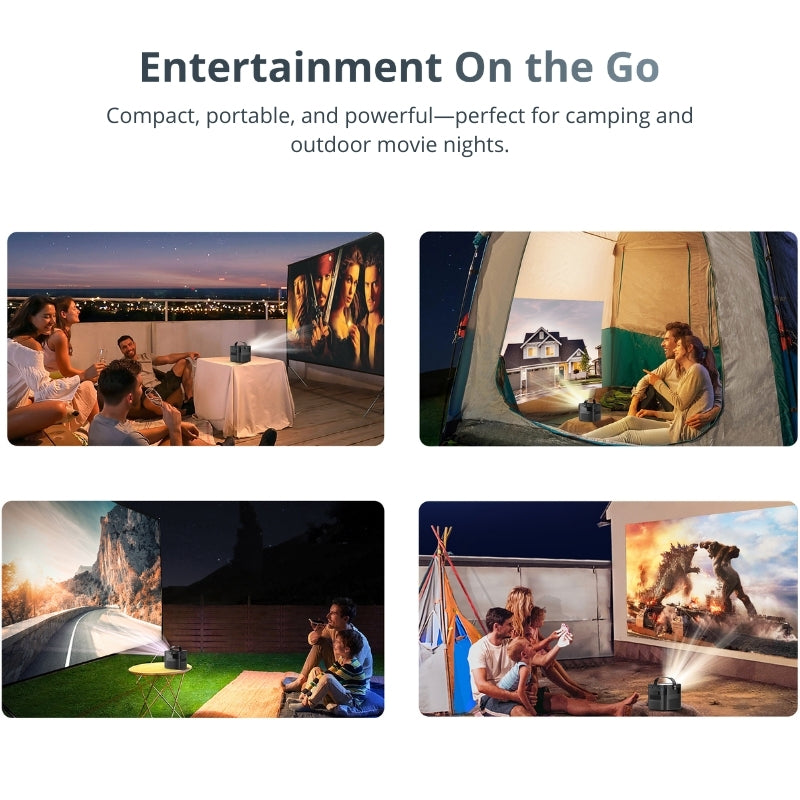 A compilation of four vibrant scenes showcasing a small portable projector being used for outdoor movie nights by friends on a sunset rooftop a couple camping in a tent a father and son in a backyard and a family on a patio