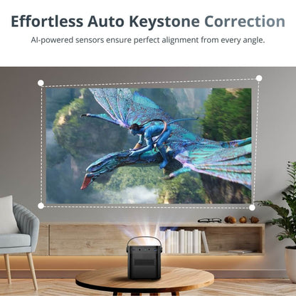 Digital photograph of a black portable projector in a modern living room displaying a scene from Avatar with a blue Na'vi riding a vibrant teal and purple Ikran over Pandora's floating mountains, promoting Effortless Auto Keystone Correction