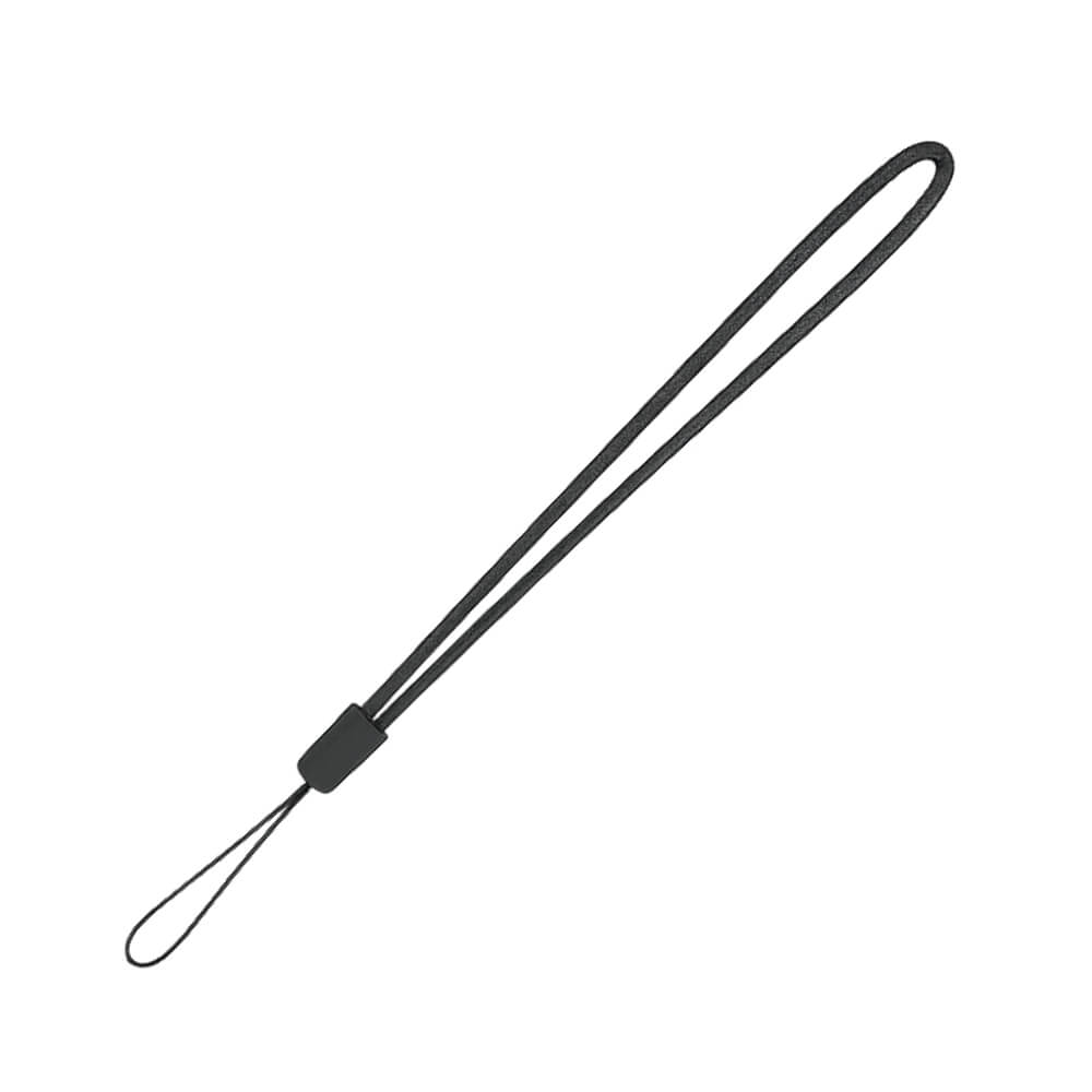 Photograph of a black woven wrist strap featuring a U-shaped hand loop, a rectangular plastic adjuster, and a small slender attachment loop
