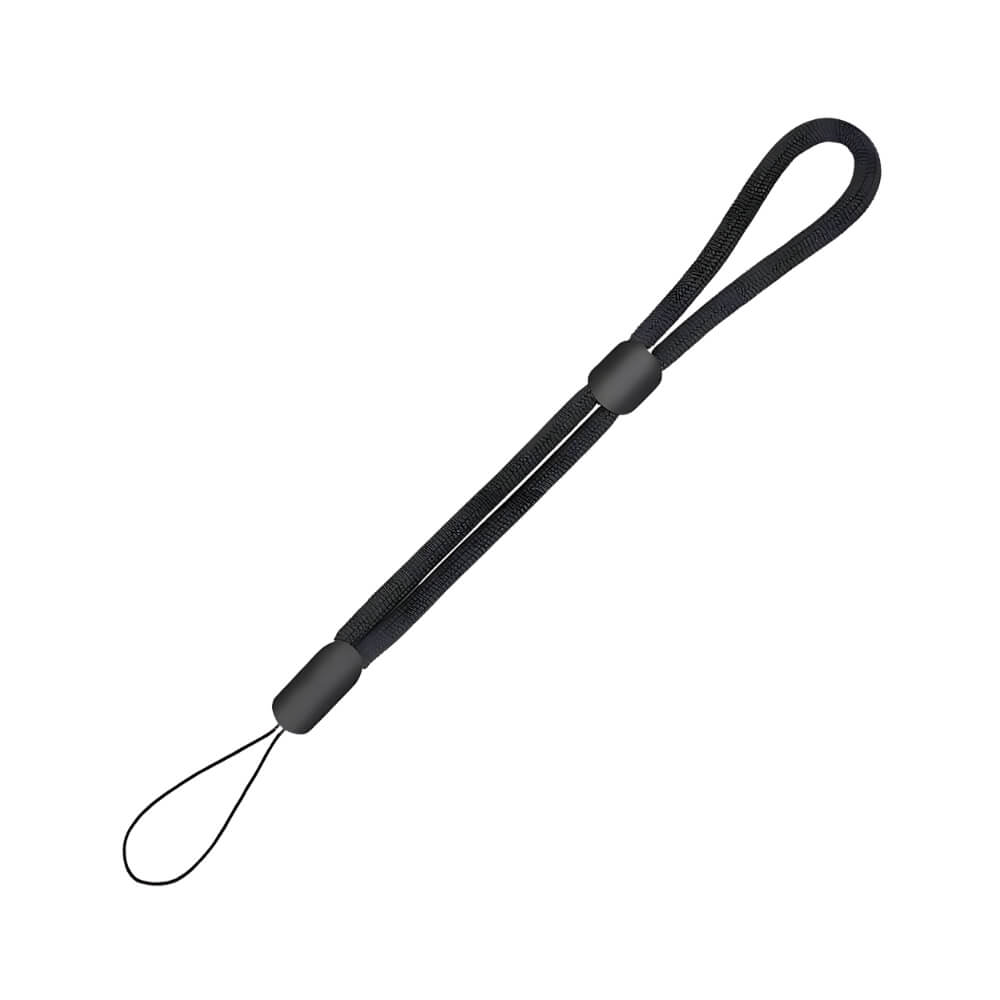 Black woven cord wrist lanyard featuring adjustable plastic sliders and a thin attachment loop