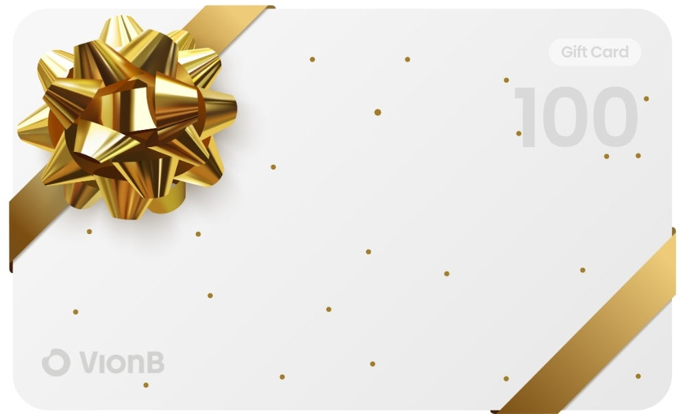 A VionB gift card design featuring a shiny golden metallic bow in the top left, a diagonal golden ribbon, a "100" value, and scattered golden dots on a white background