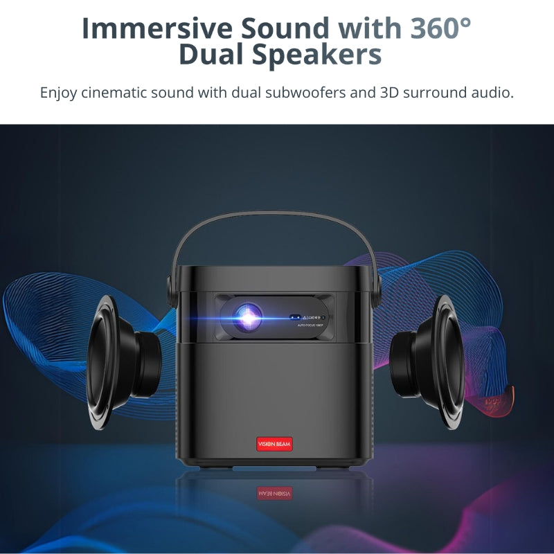 Product image of a black VISION BEAM portable projector with a glowing blue lens and red logo, flanked by two floating black subwoofer cones, all on a reflective surface against a dynamic backdrop of swirling blue, pink, and red sound wave graphics