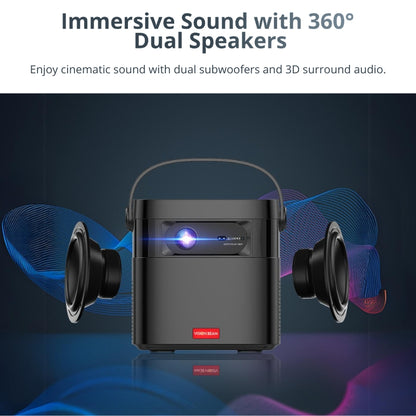 Product image of a black VISION BEAM portable projector with a glowing blue lens and red logo, flanked by two floating black subwoofer cones, all on a reflective surface against a dynamic backdrop of swirling blue, pink, and red sound wave graphics