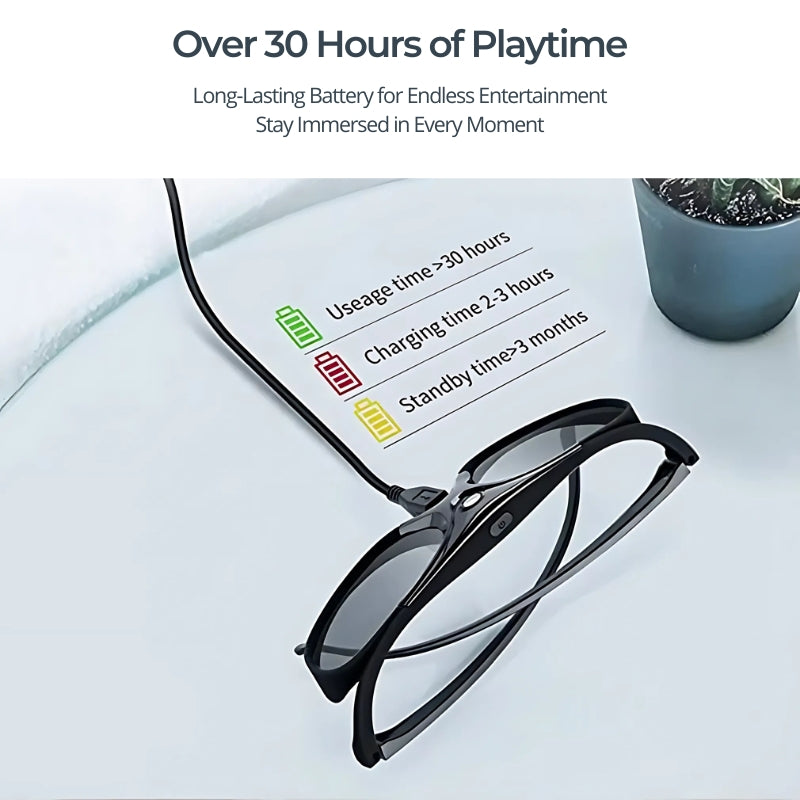 Black smart glasses charging via a USB cable on a white desk, with a paper showing green battery usage over 30 hours, red charging 2-3 hours, and yellow standby over 3 months, next to a small teal potted succulent