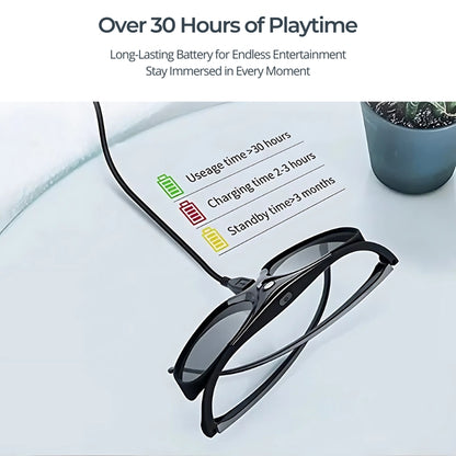 Black smart glasses charging via a USB cable on a white desk, with a paper showing green battery usage over 30 hours, red charging 2-3 hours, and yellow standby over 3 months, next to a small teal potted succulent