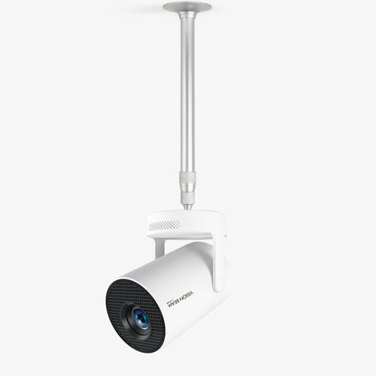 Product image of a white ceiling-mounted Vision Beam projector on a silver suspension pole showcasing a black textured front with a prominent blue lens
