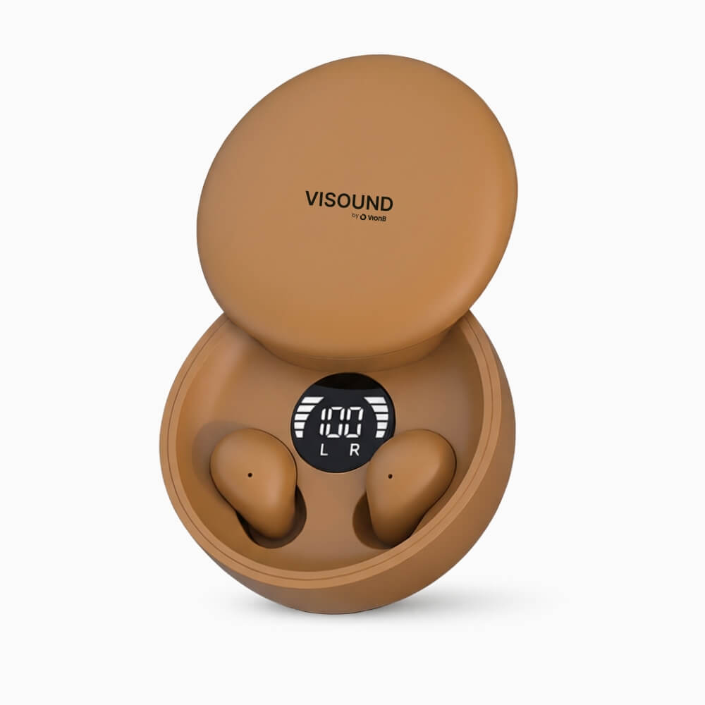 ViSound™ Air earbuds in a golden toffee charging case, featuring a digital battery display and sleek design.