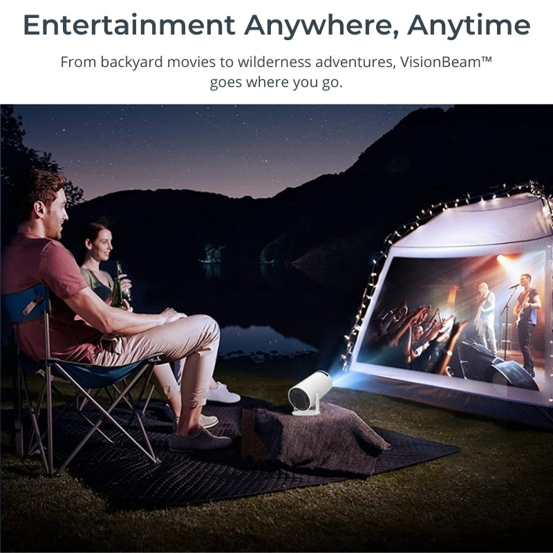 Photograph of a couple enjoying a projected concert from a white portable projector onto a string-light-adorned tent screen, set against a reflective lake and starry mountain night