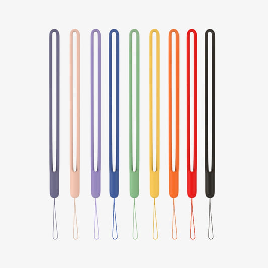 Product photography showing nine colorful silicone wrist lanyards in a spectrum of hues including slate gray, light peach, lavender, royal blue, light green, bright yellow, orange, red, and black, each featuring a smooth slim loop and a small attachment string