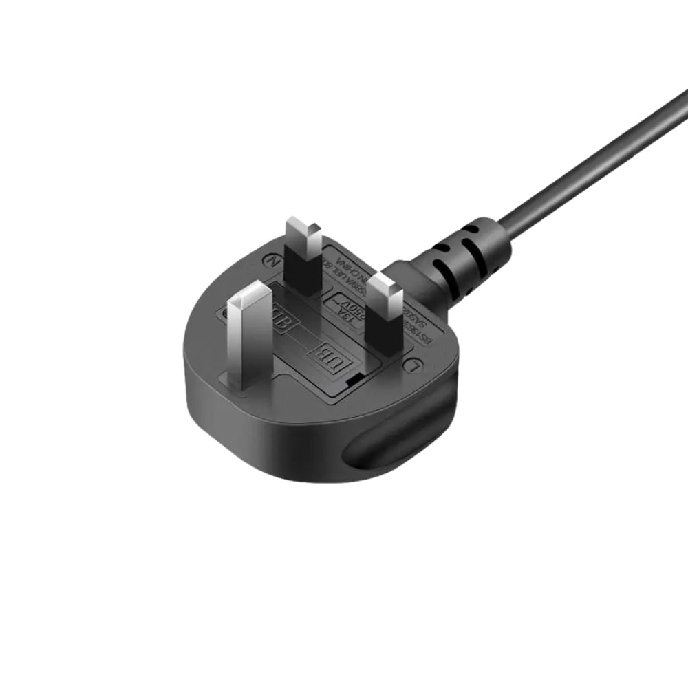 A black UK Type G three-pin power plug with an attached cable, featuring text labels including 13A 250V and MADE IN CHINA, a UB logo on the fuse cover, and silver rectangular pins, all against a white background