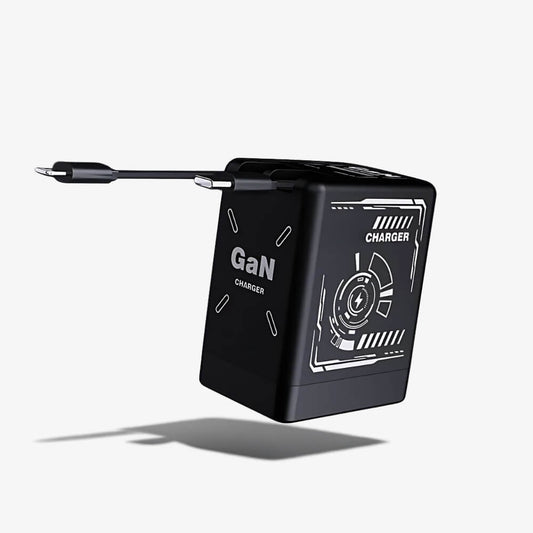 Black rectangular GaN charger with white GaN CHARGER text, futuristic circuit graphics featuring a lightning bolt symbol, and an attached USB-C cable floating on a plain white background