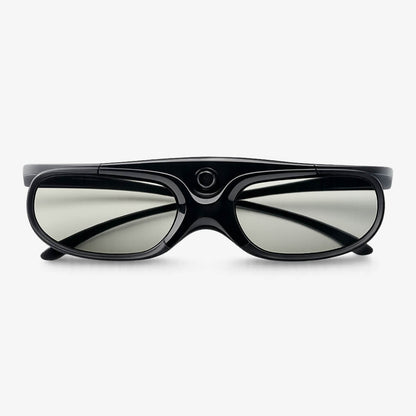 A pair of sleek black 3D glasses featuring polarized gray lenses and a prominent central circular sensor presented on a clean white studio background