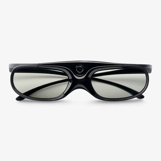 A pair of sleek black 3D glasses featuring polarized gray lenses and a prominent central circular sensor presented on a clean white studio background