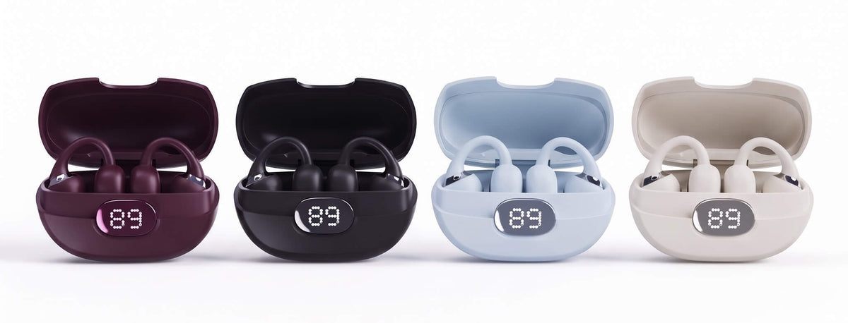 Four ViSound Ease charging cases in Burgundy, Black, Ice and Ivory