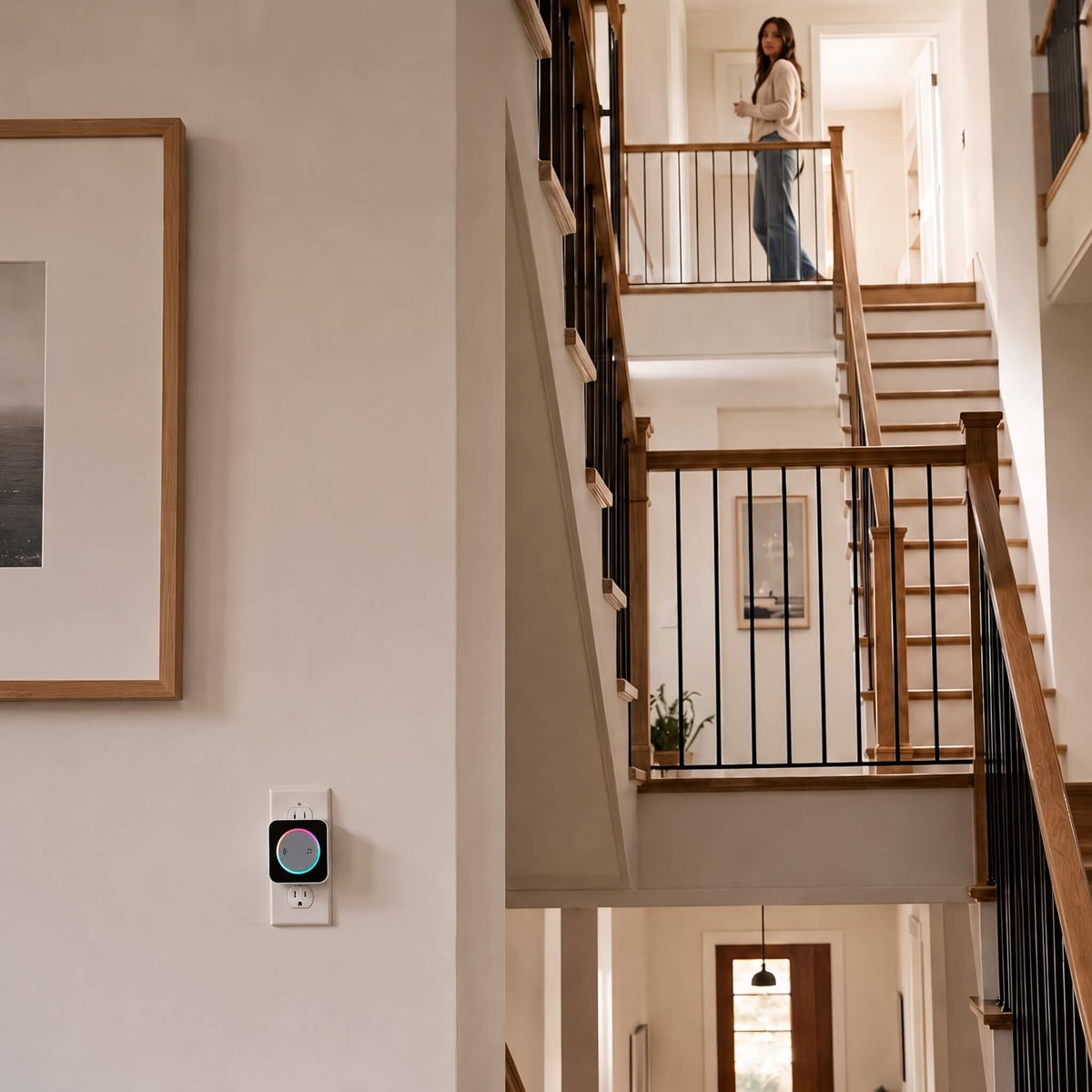 A three-level stairwell: the chime is plugged into an outlet downstairs with its ring lit, and a woman stands at the top of the stairs.
