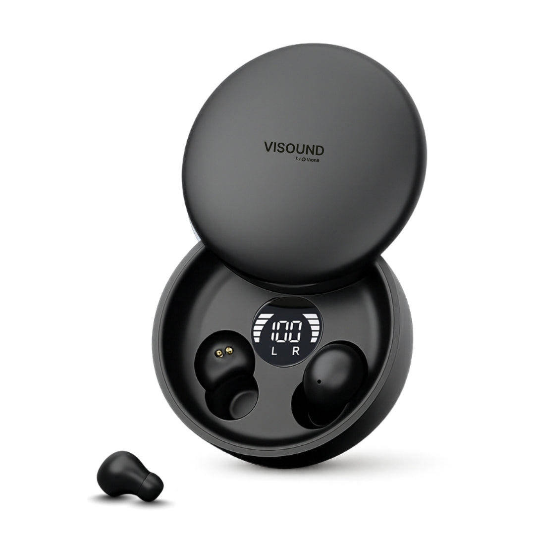 Black wireless earbuds with charging case displaying battery level.